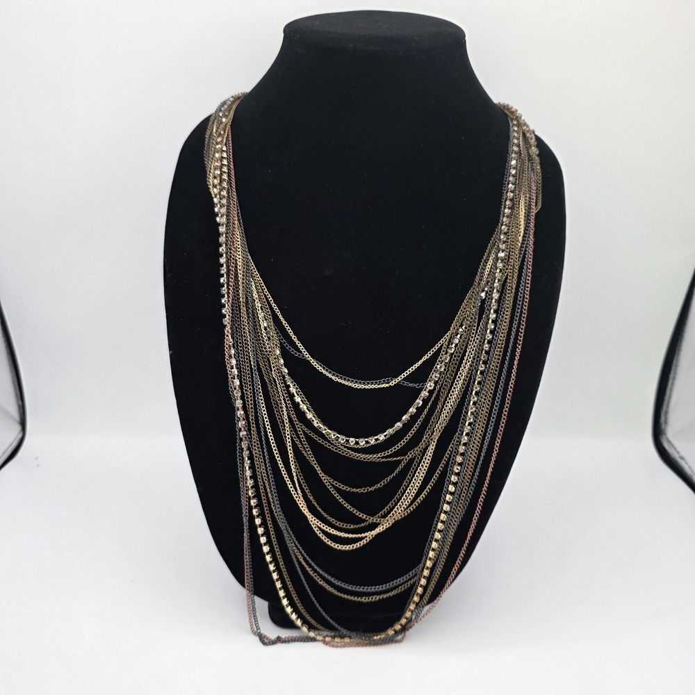 Womens Gold Tone Black Rhinestone Multi Layer Chain Statement Necklace 38 Inches